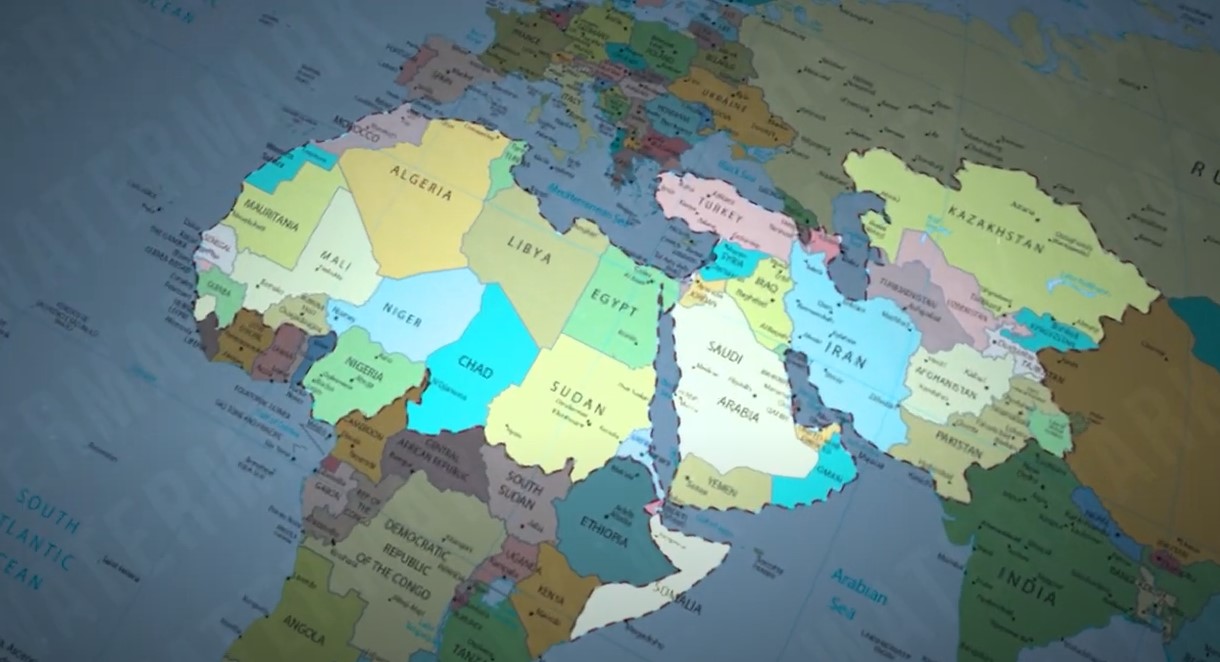 World Map Zooming in and highlighting the Muslim Countries